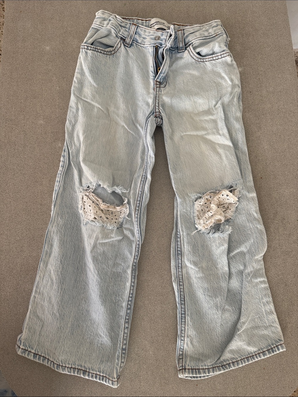 abercrombie kids Light Wash Flare Jeans with Lace Knee Patches